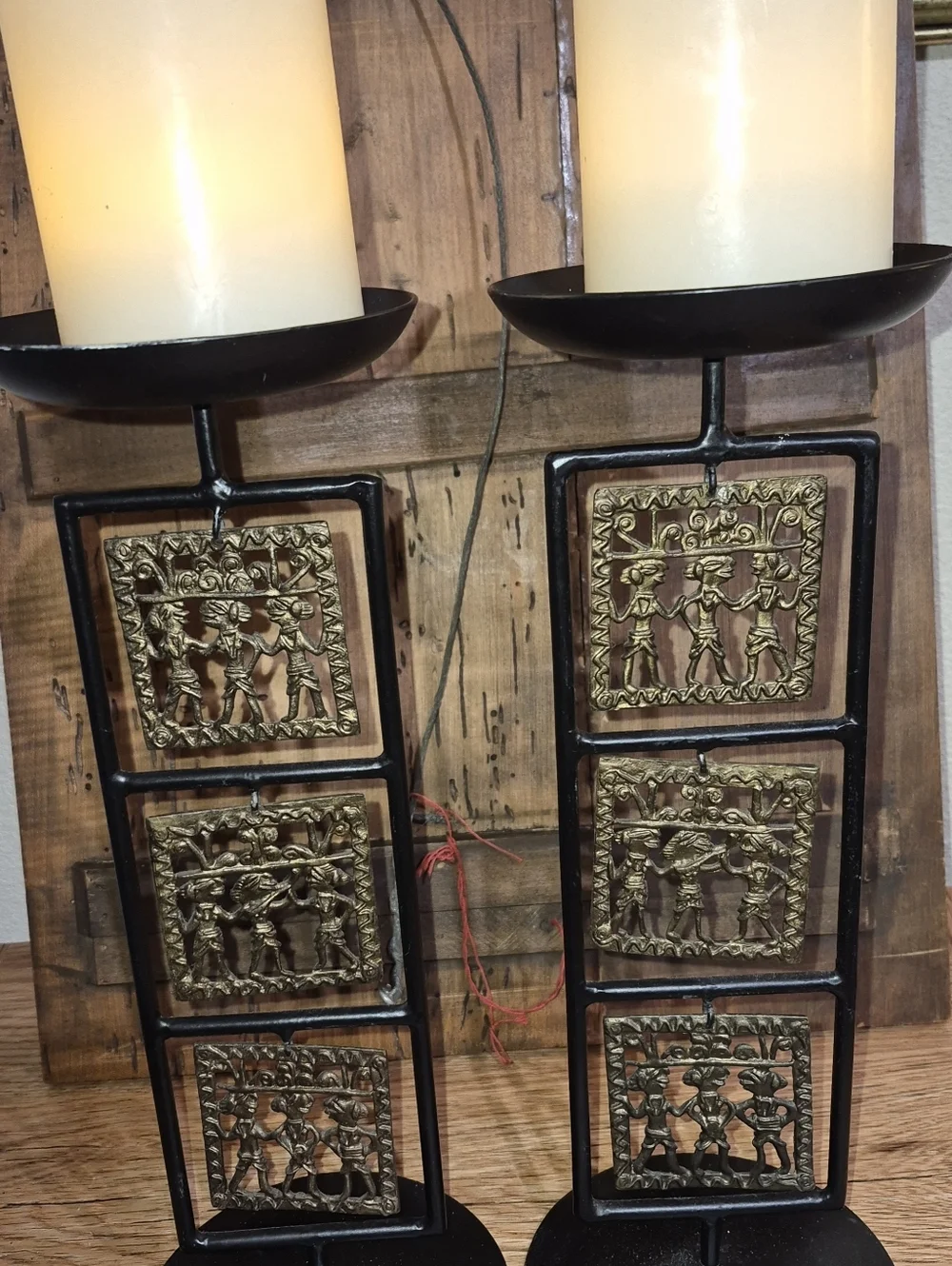 Set Of 2 Vintage Dhokra Art Iron and Brass Pillar Candle Holders